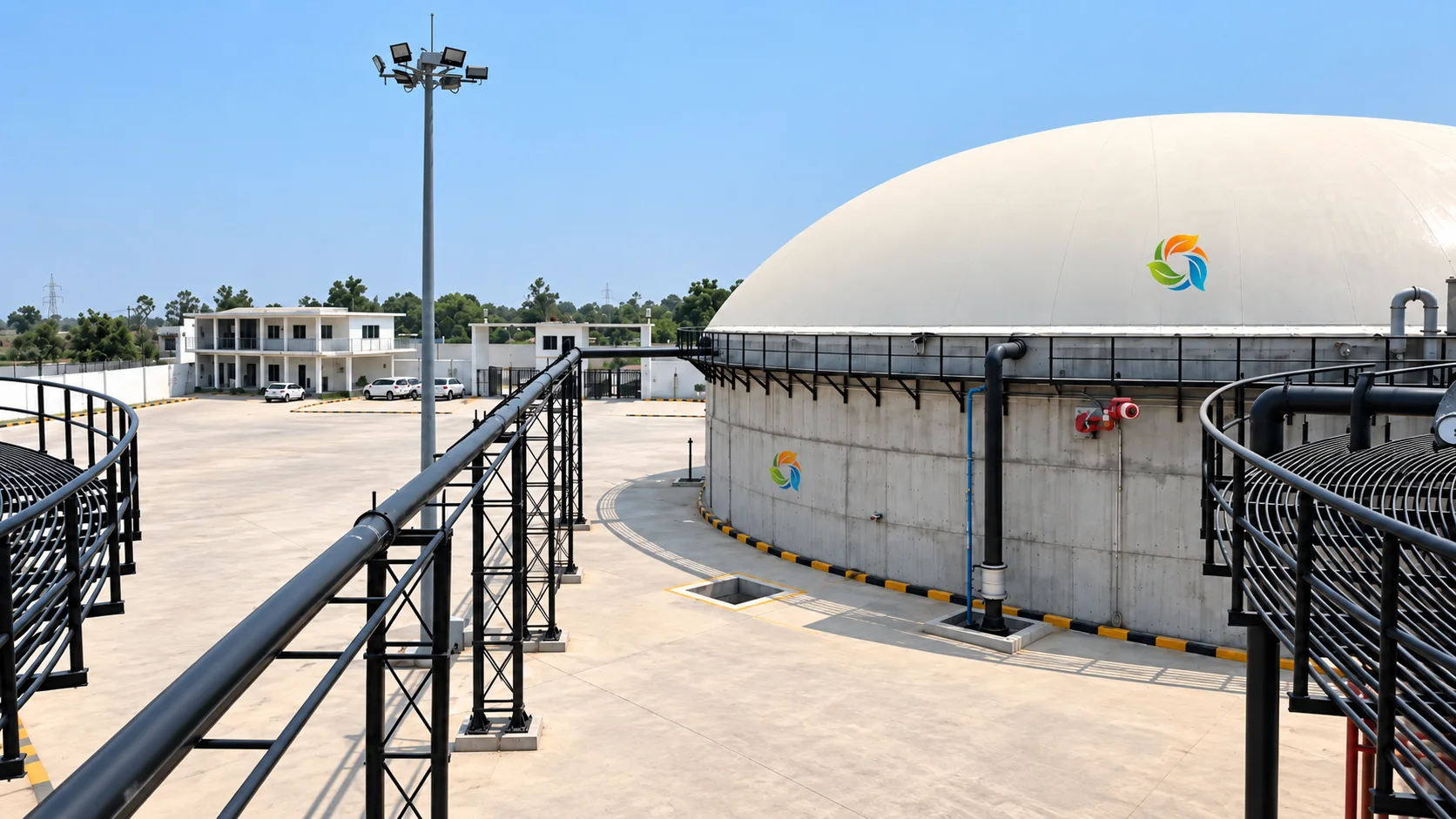 Bharat Bioenergy industrial biogas plant with digester domes and feedstock handling equipment